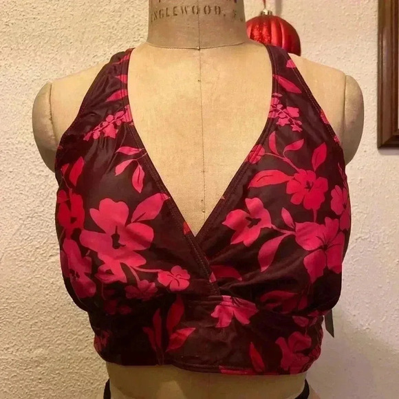 Yonique Plus Size V Neck Criss Cross Back Red Flower Bikini Top NWT Size 18W - Picture 3 of 9